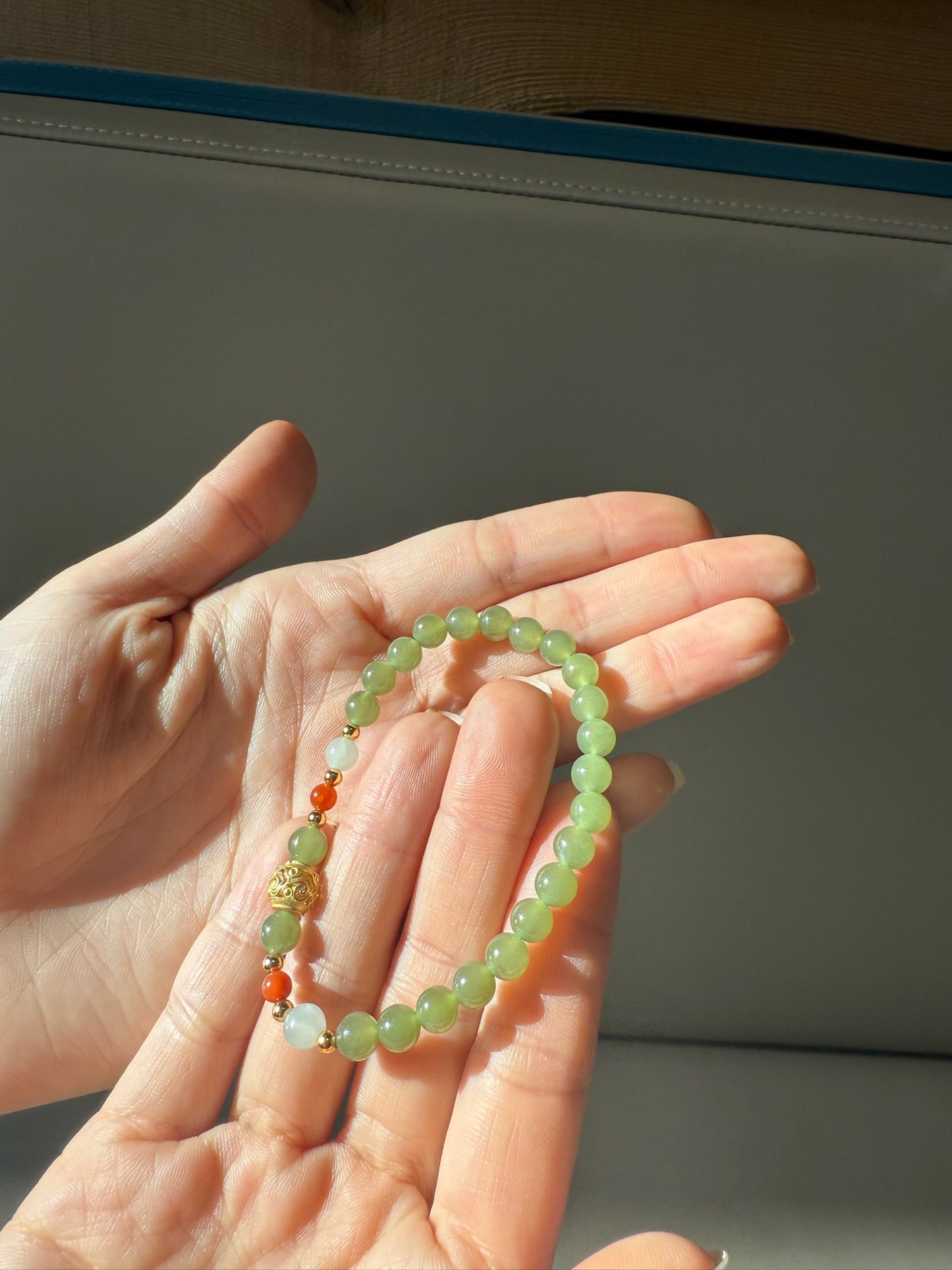 Dainty Nephrite Jade Bead Bracelet with Orange Agate