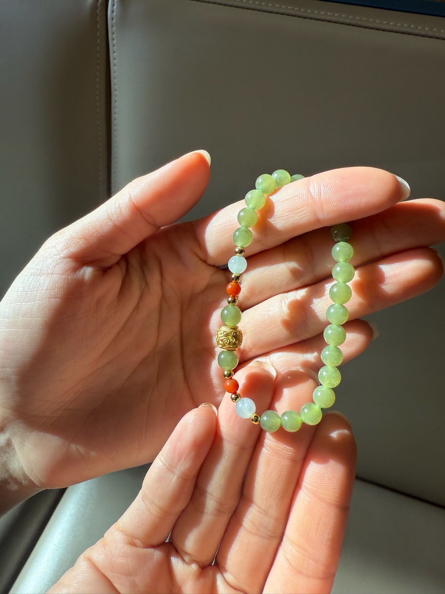Dainty Nephrite Jade Bead Bracelet with Orange Agate