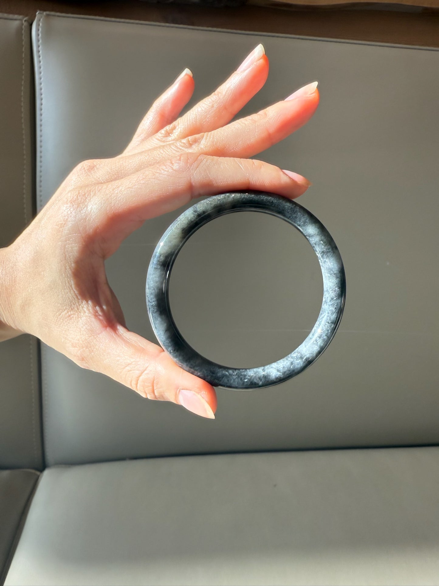 60mm Burmese Marbled Black and Gray Jadeite Bangle