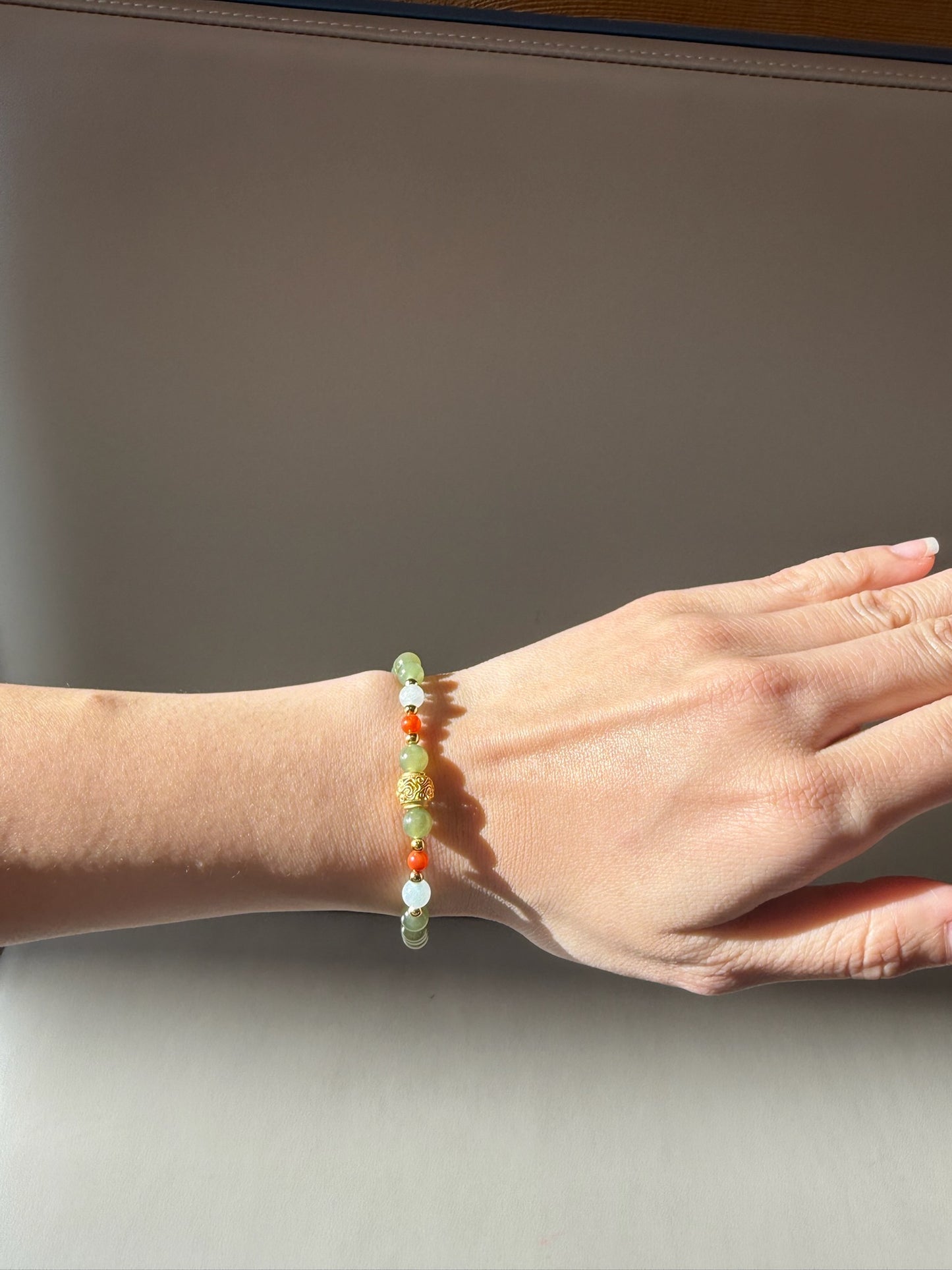 Dainty Nephrite Jade Bead Bracelet with Orange Agate