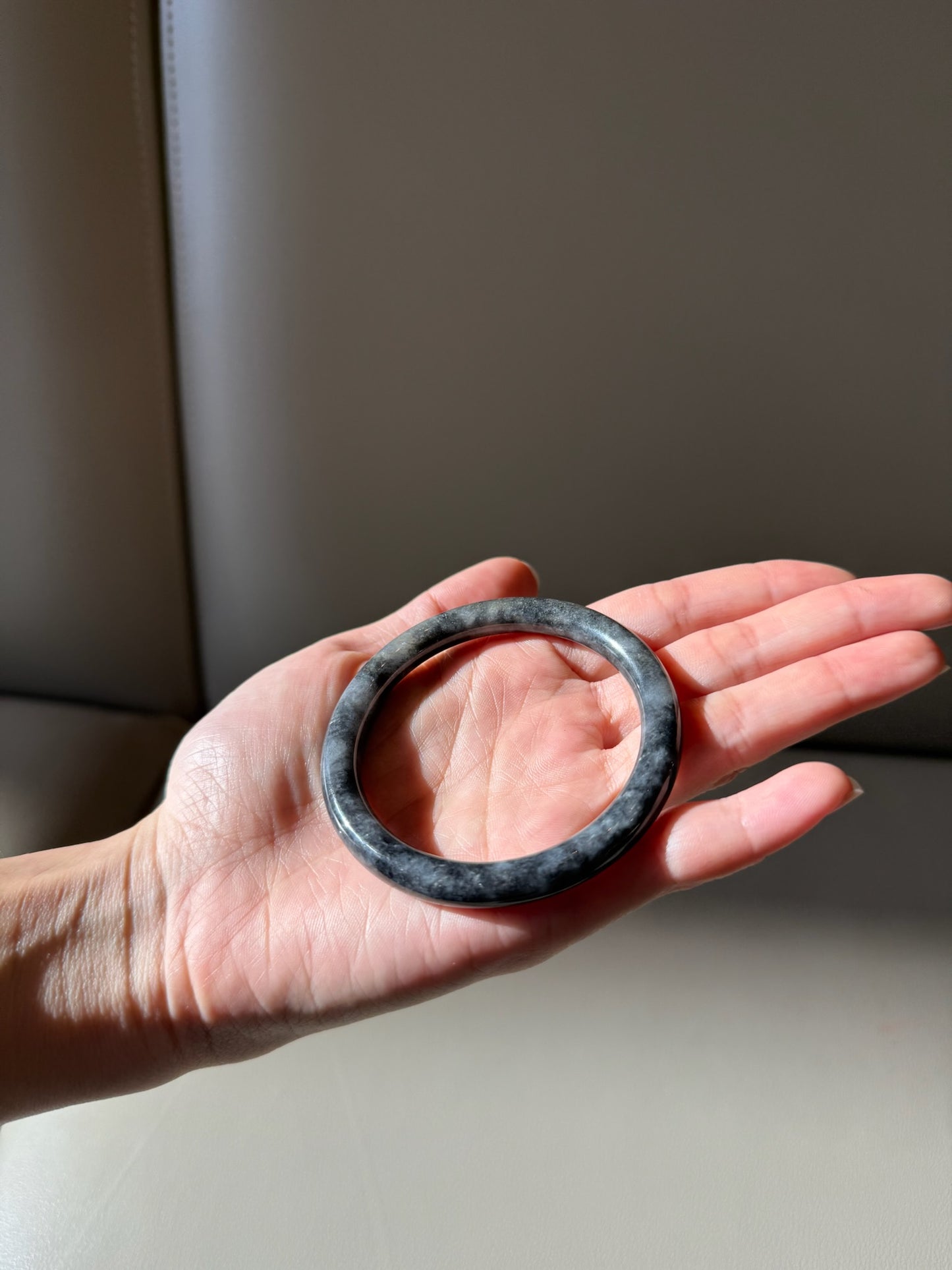 60mm Burmese Marbled Black and Gray Jadeite Bangle