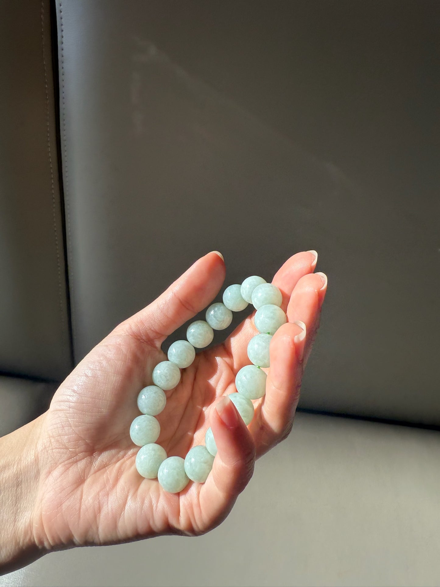 Natural Jadeite Pale Green 12mm Bead Bracelet