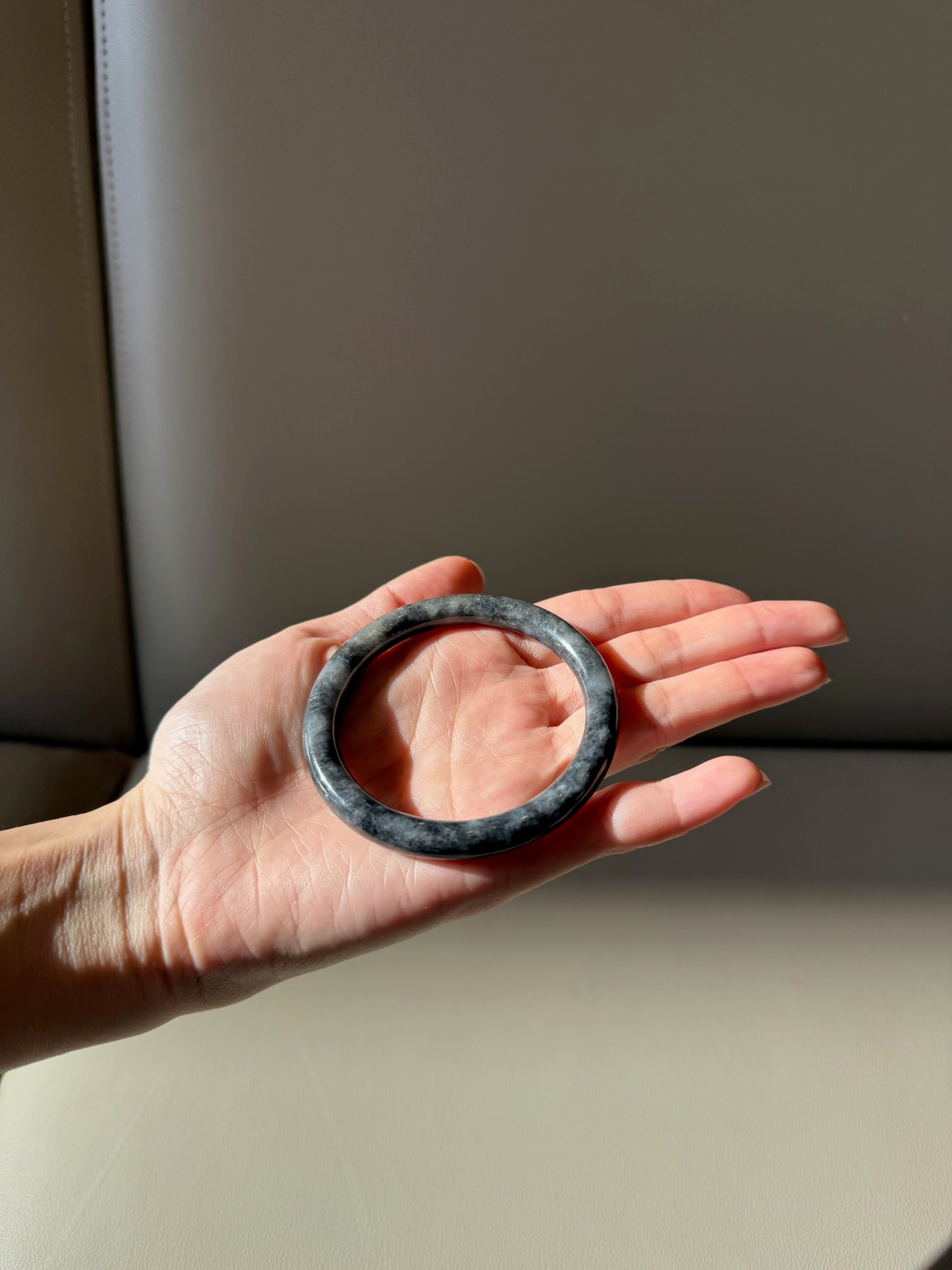 60mm Burmese Marbled Black and Gray Jadeite Bangle