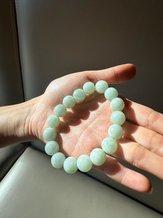 Natural Jadeite Pale Green 12mm Bead Bracelet