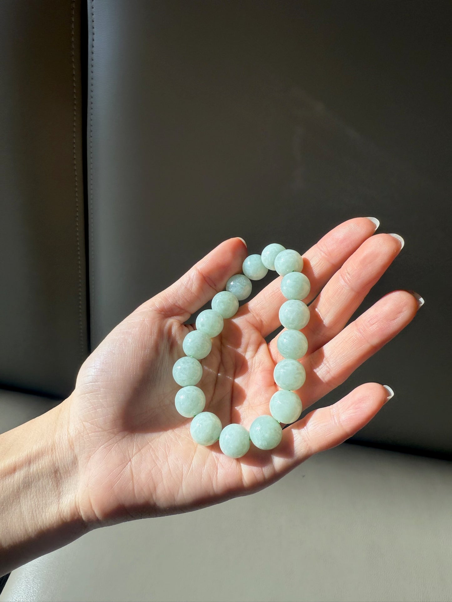 Natural Jadeite Pale Green 12mm Bead Bracelet