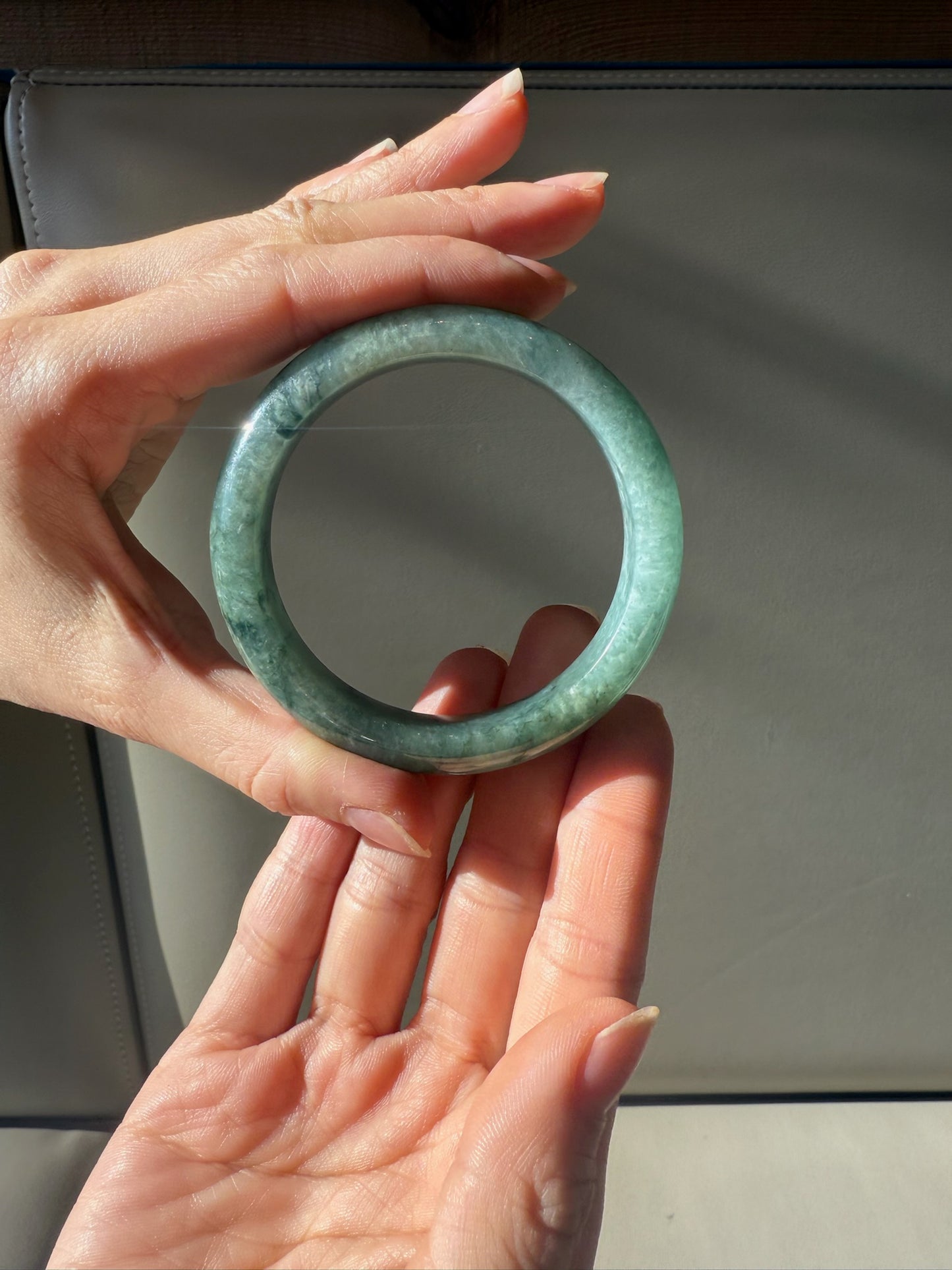 60/65mm Burmese Marbled Aqua Green Jadeite Bangle