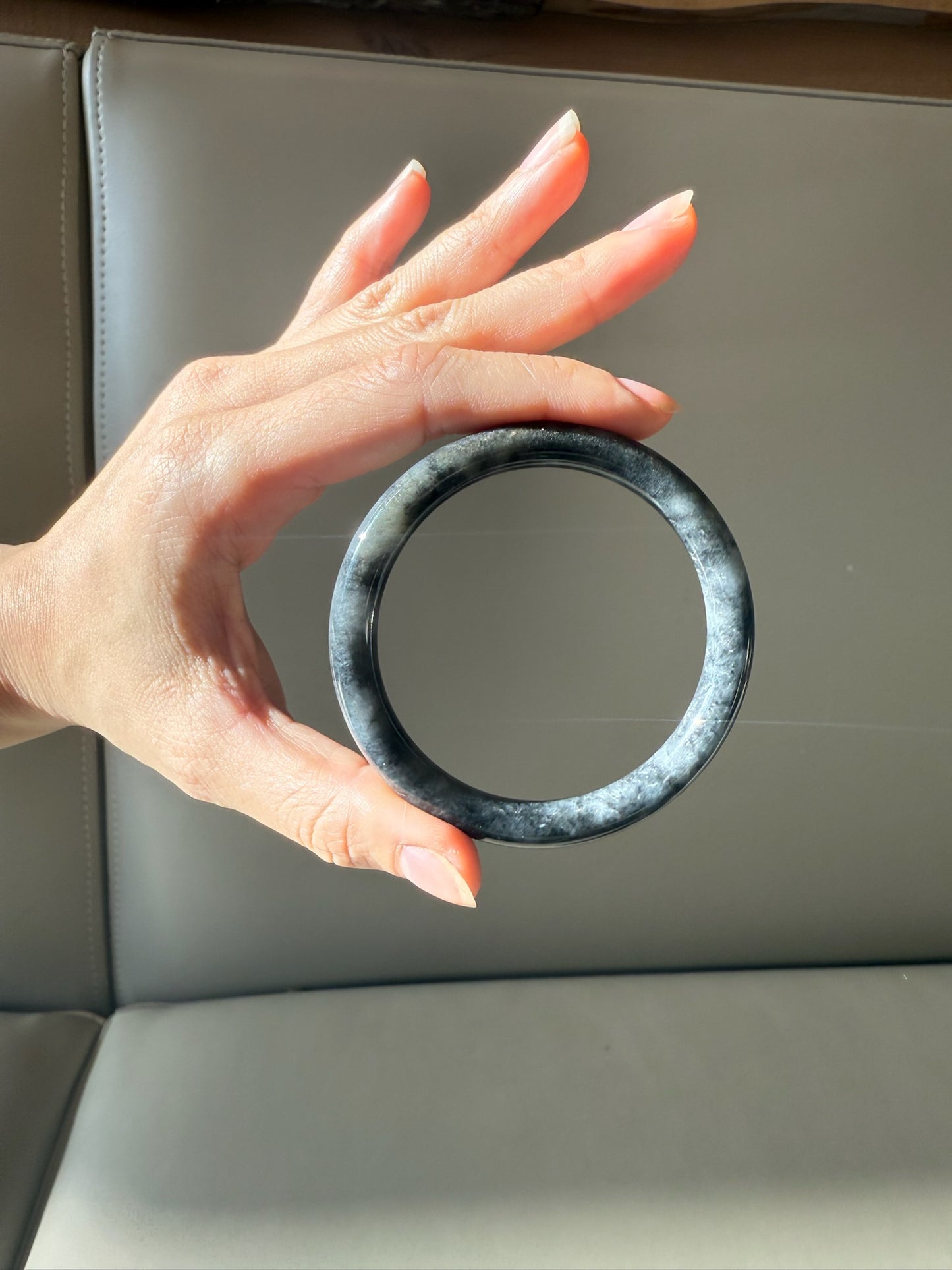 60mm Burmese Marbled Black and Gray Jadeite Bangle