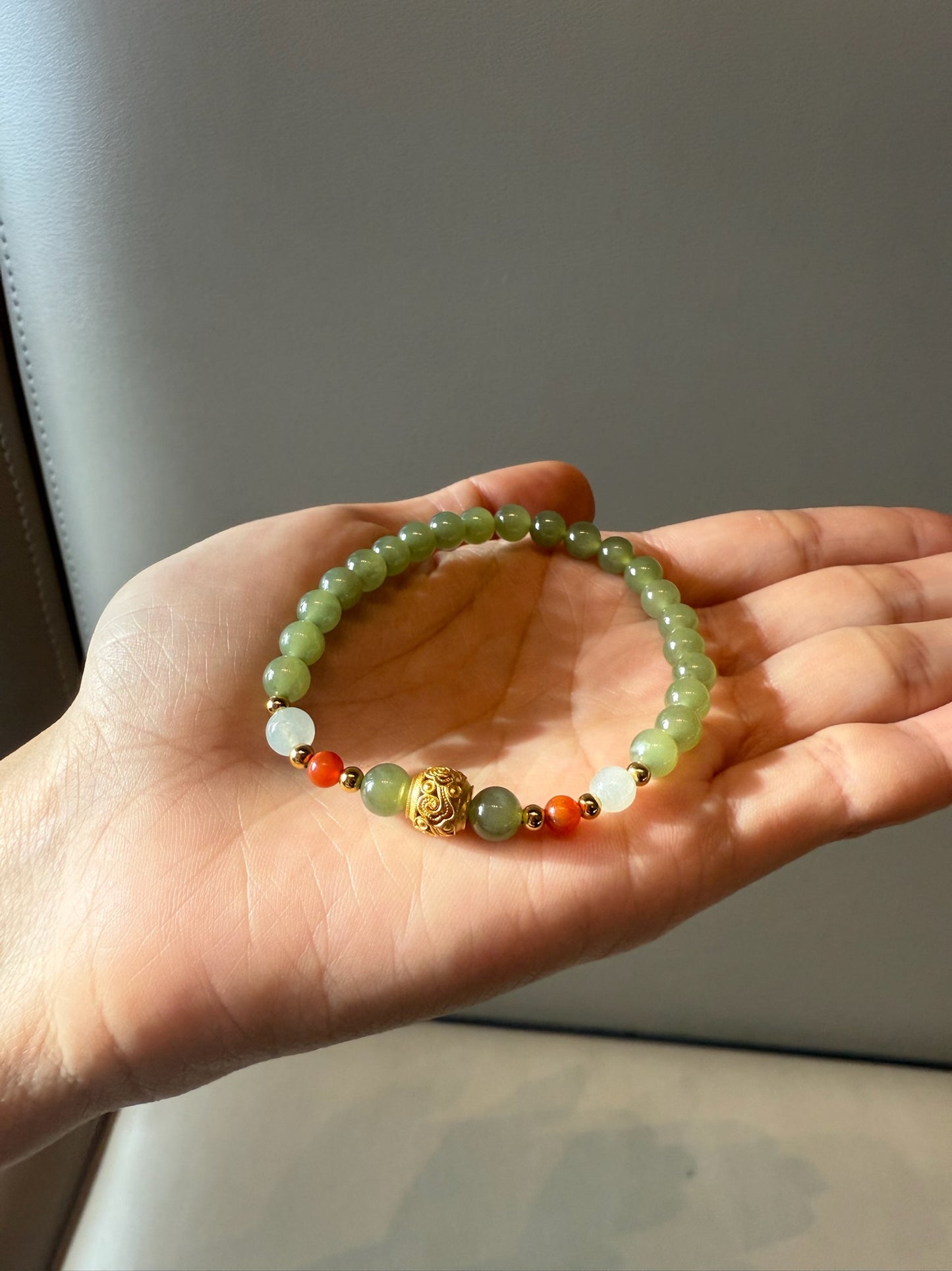 Dainty Nephrite Jade Bead Bracelet with Orange Agate