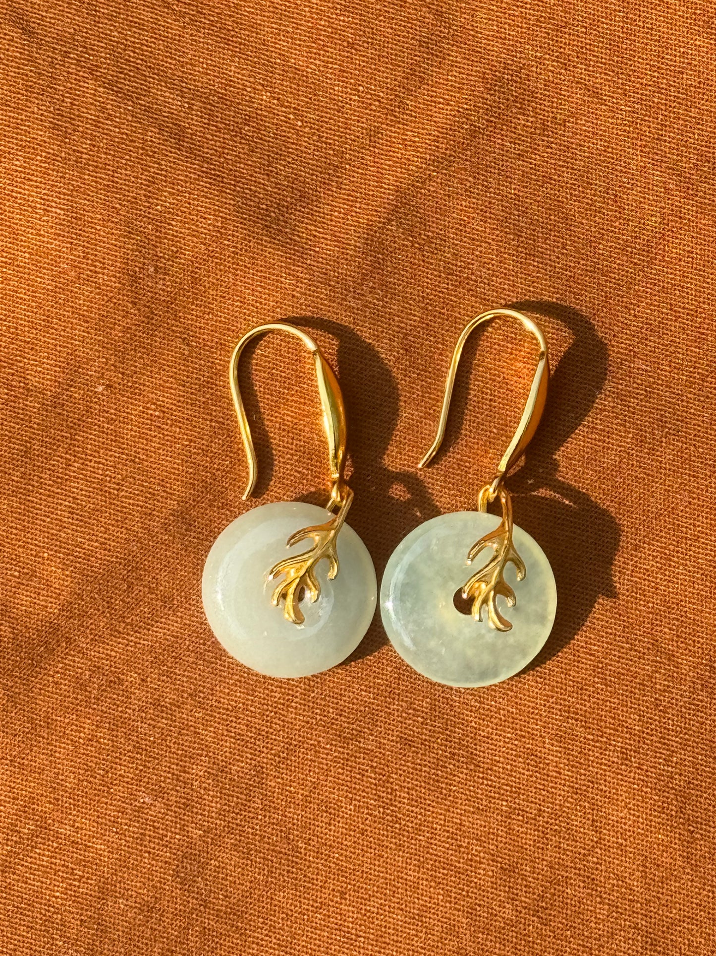 14k Gold Plated Green Jade Leaf Earrings