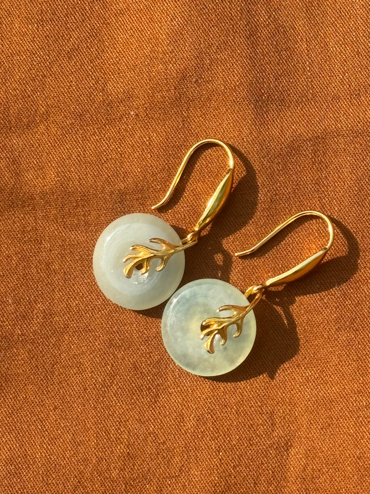 14k Gold Plated Green Jade Leaf Earrings
