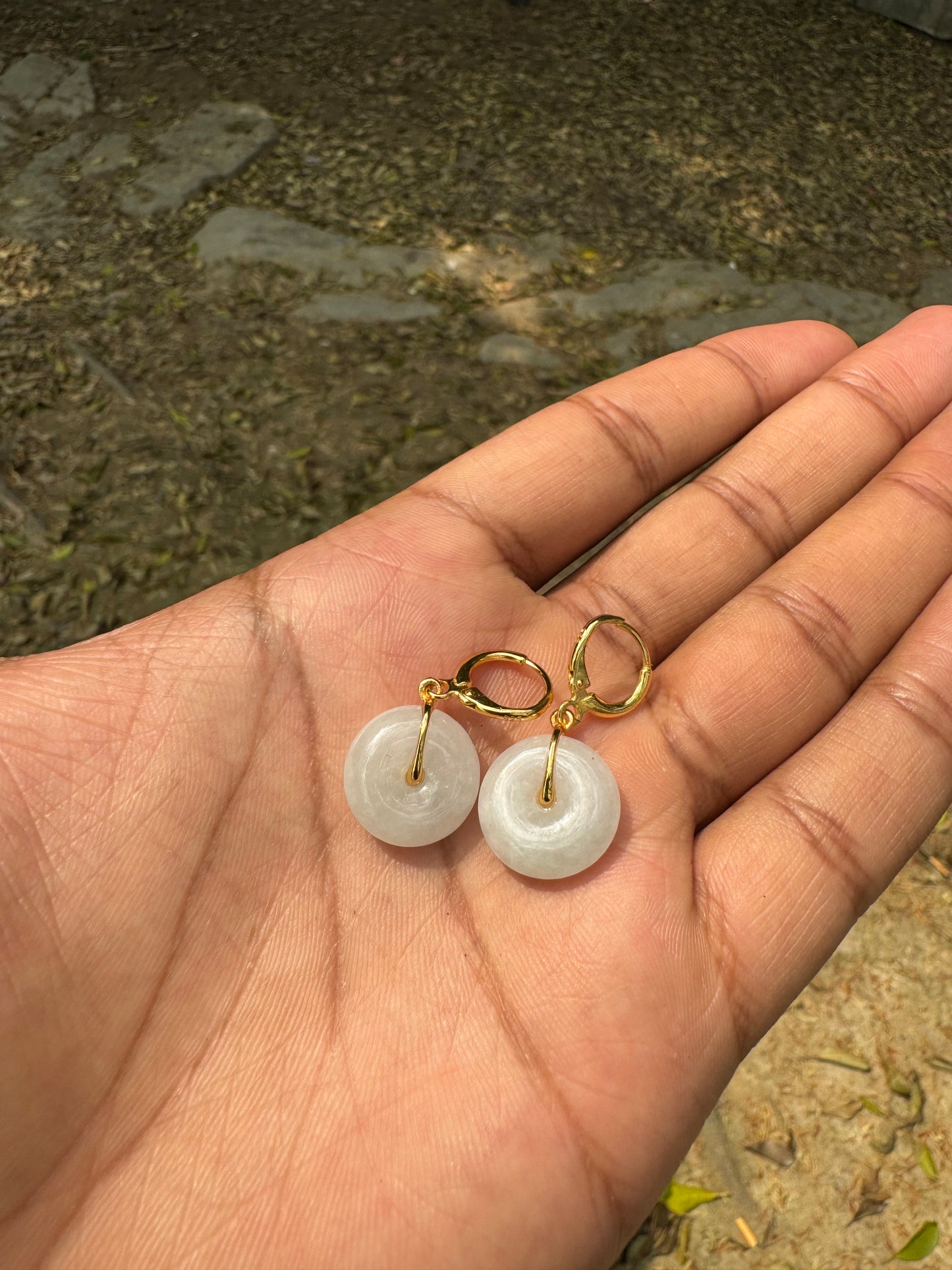 14k Gold Plated Milky White Jade Earrings
